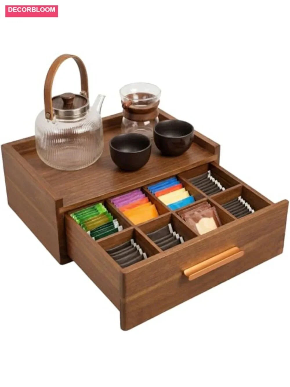 Acacia Wood Tea Bag Organizer with Drawer, 8 Removable Compartments, Holds 80+
